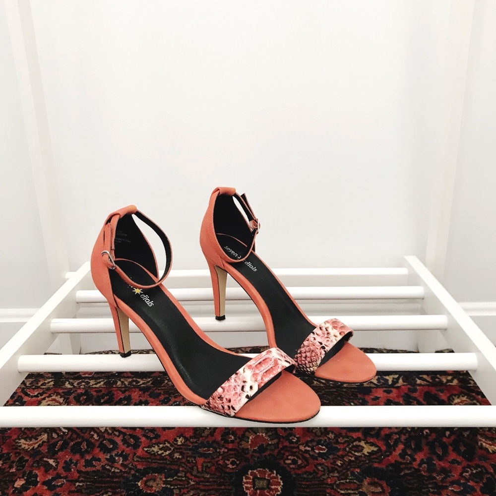 Coral Snakeskin Sandals With Ankle Strap
